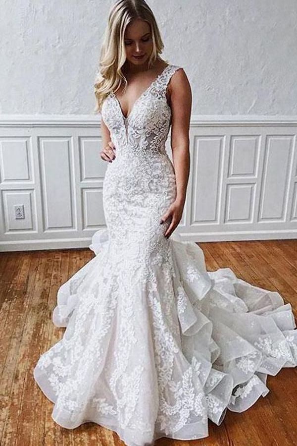 Elegant Mermaid White Lace Custom Wedding Dress with Ruffled Skirt