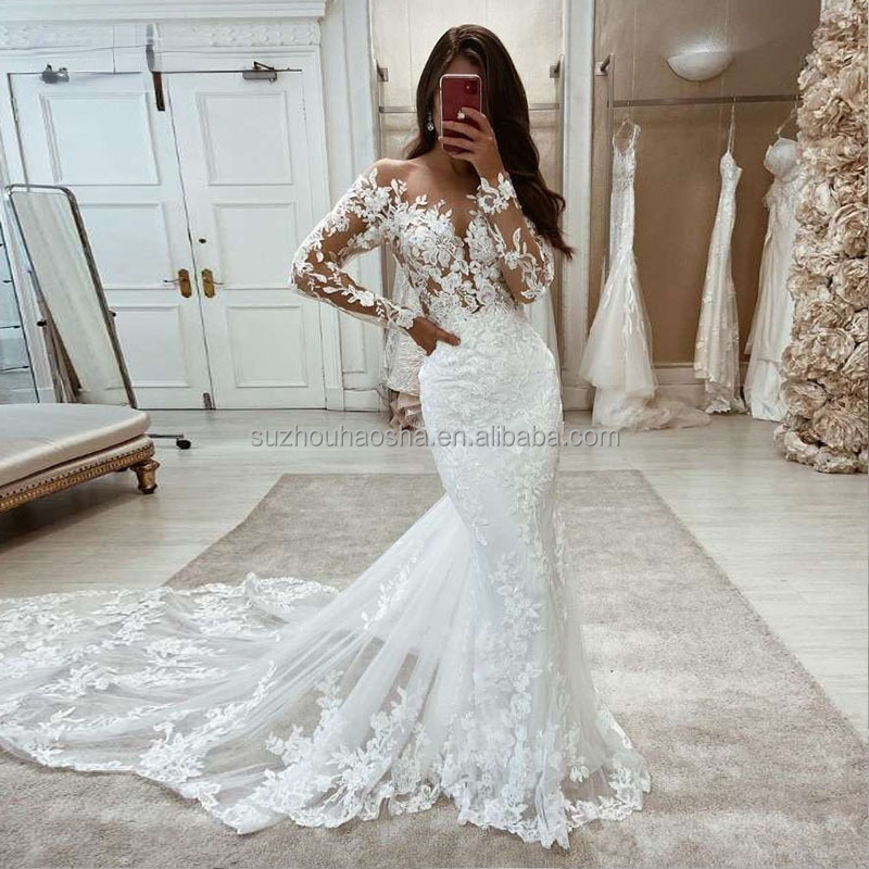 Boho Wedding Dresses Mermaid Lace Long Sleeves Wedding Gown Vintage White Ivory Custom Made Luxury Bridal Dress 2022