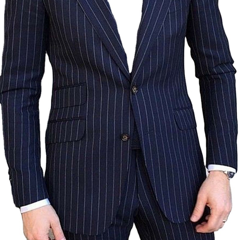 Navy Blue Business Men Suit Striped 2024 Slim Fit Pinstripe Formal Wedding Tuxedo Notched Lapel Fashion Suit for Men