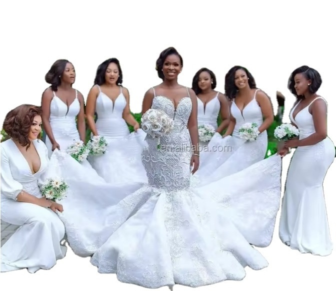 African Luxury Beaded Appliques Bridal Church Formal Bridal Gowns ivory white Lace Mermaid Wedding Dresses