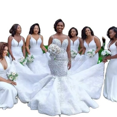 African Luxury Beaded Appliques Bridal Church Formal Bridal Gowns ivory white Lace Mermaid Wedding Dresses