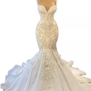 Luxury Mermaid African Modest Wedding Dresses 2022 Beaded Embroidery Sexy White Vintage Lace Organza Bridal Gown