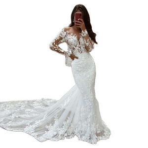 Boho Wedding Dresses Mermaid Lace Long Sleeves Wedding Gown Vintage White Ivory Custom Made Luxury Bridal Dress 2022