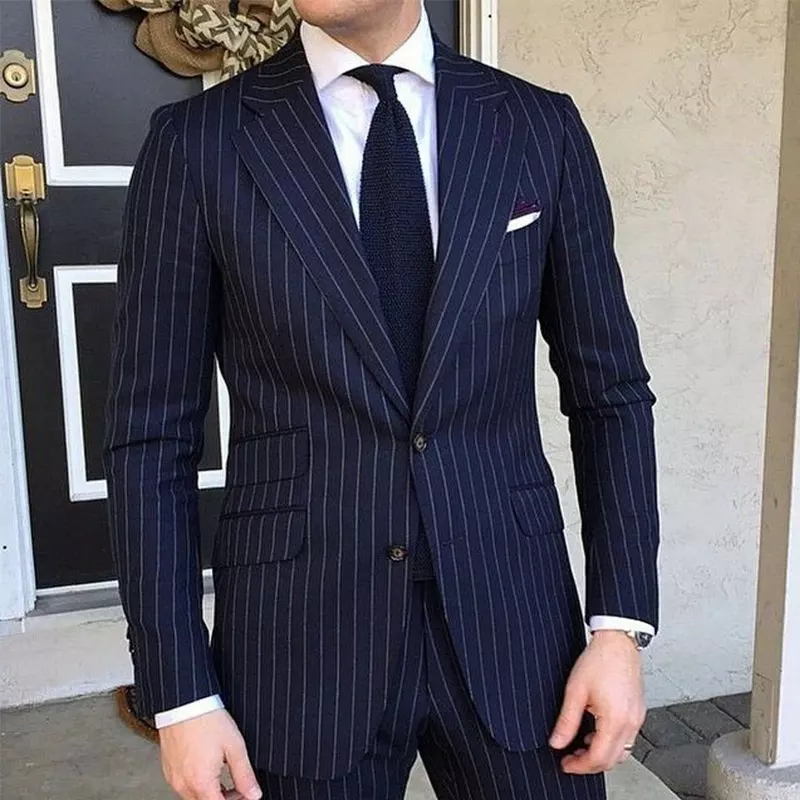 Navy Blue Striped Business Men's Suit for Men 2023 Slim Fit Pinstripe Formal Wedding Tuxedo Notched Lapel Fashion