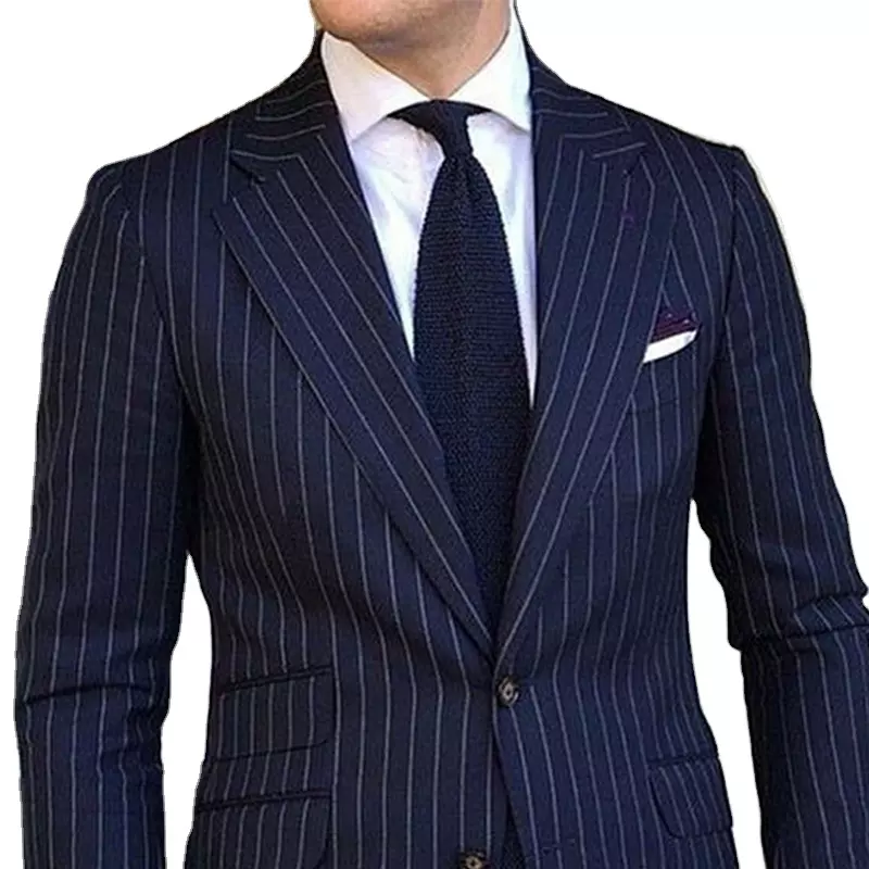 Navy Blue Striped Business Men's Suit for Men 2023 Slim Fit Pinstripe Formal Wedding Tuxedo Notched Lapel Fashion