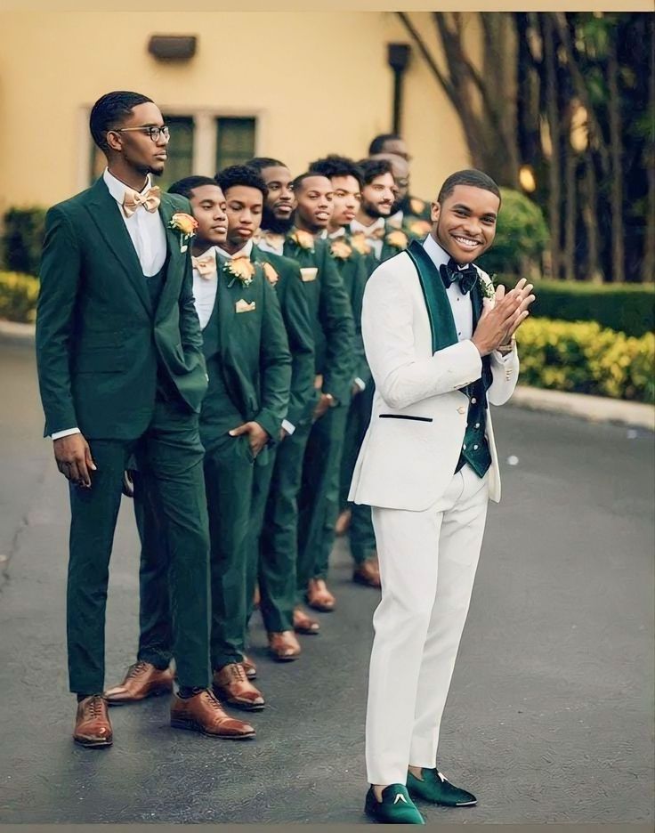 Men Suits 3 Piece Tuxedo Jacquard White and Green Velvet Style Suits Wedding Party Elegant Suits Formal Fashion Bespoke For Men