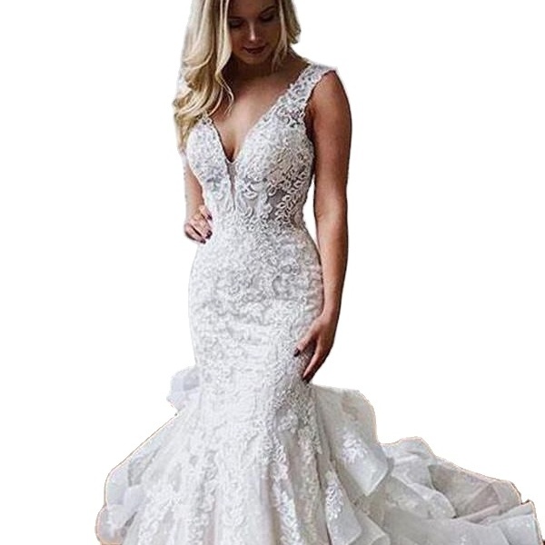 Elegant Mermaid White Lace Custom Wedding Dress with Ruffled Skirt