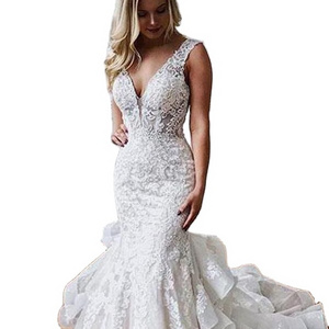 Elegant Mermaid White Lace Custom Wedding Dress with Ruffled Skirt