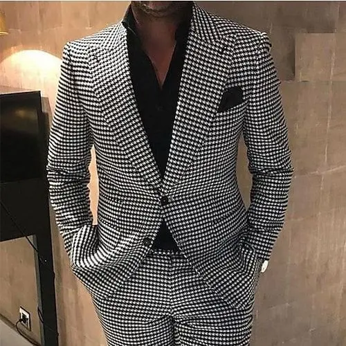 Houndstooth BW Tweed Men's Wedding Suits 2 Piece Solid Colored Standard Fit Single Breasted Two-buttons 2023