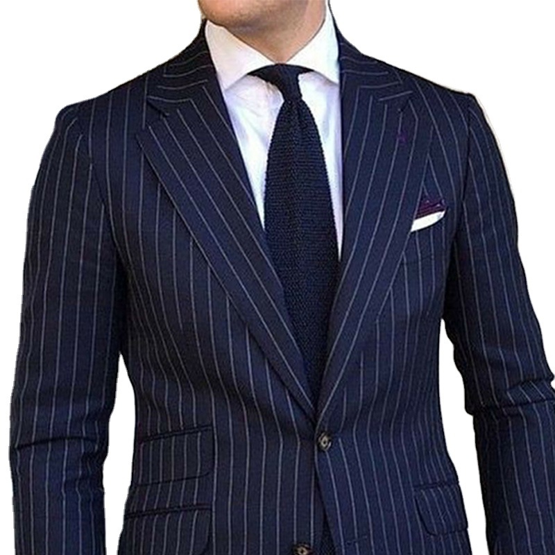 Navy Blue Business Men Suit Striped 2024 Slim Fit Pinstripe Formal Wedding Tuxedo Notched Lapel Fashion Suit for Men