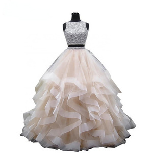 Luxury Crystal Two Pieces Ball Gown Quinceanera Dress O-Neck Beaded Open Back Pageant Gowns Long Tiered Organza Sweet Prom Dress