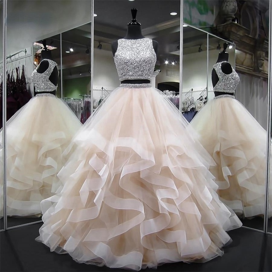 Luxury Crystal Two Pieces Ball Gown Quinceanera Dress O-Neck Beaded Open Back Pageant Gowns Long Tiered Organza Sweet Prom Dress