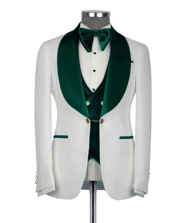 Men Suits 3 Piece Tuxedo Jacquard White and Green Velvet Style Suits Wedding Party Elegant Suits Formal Fashion Bespoke For Men