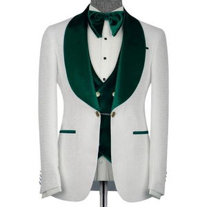 Men Suits 3 Piece Tuxedo Jacquard White and Green Velvet Style Suits Wedding Party Elegant Suits Formal Fashion Bespoke For Men