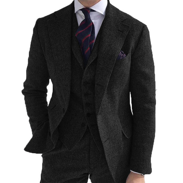 Gray Wool Tweed Winter Custom Men Suits Italian For Wedding Formal Groom Tuxedo Herringbone Male Fashion 3 Piece