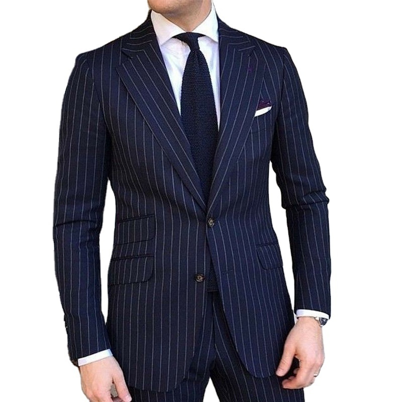 Navy Blue Business Men Suit Striped 2024 Slim Fit Pinstripe Formal Wedding Tuxedo Notched Lapel Fashion Suit for Men