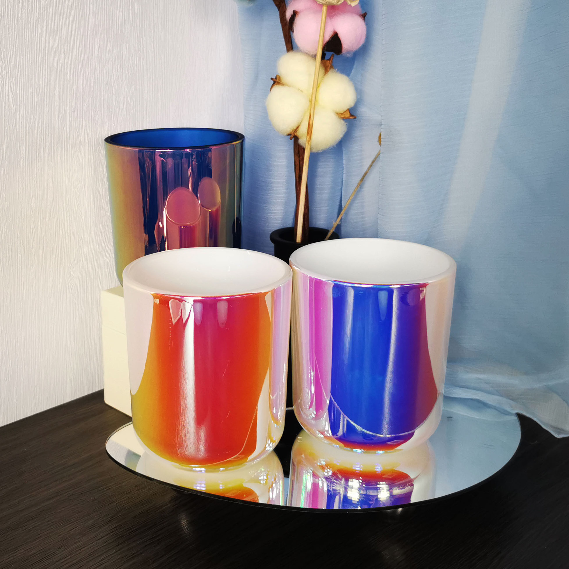 Luxury 16oz big size iridescent Candle Jars  For Candle Custom Glass Candle Holder With wood lid