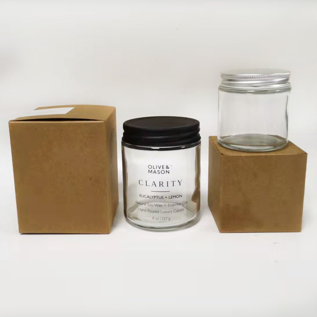 4oz 8oz  matte black/Green/Clear/Amber customer label empty glass candle jars with metal lids