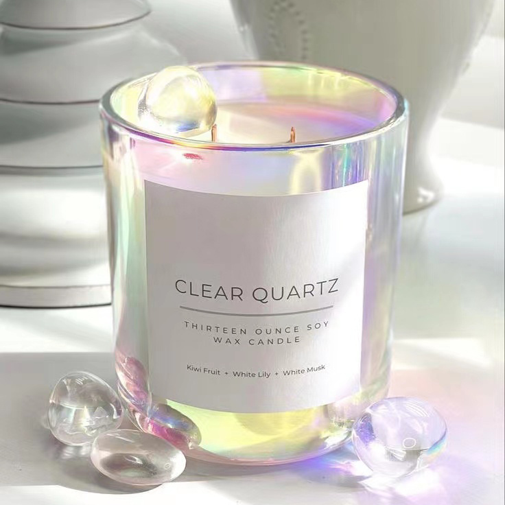 Custom Design Luxury Fashion Iridescent Rainbow Empty Glass Candle Jar Color Luxury Holographic Candle Jar With Lid