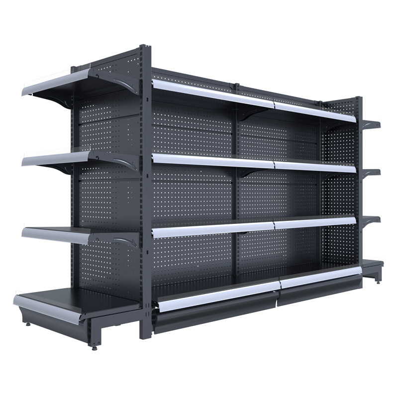 Fashionable Metallic Black 4 Layers Store Retail Gondola Shelves Stand Supermarket Gondola Shelving Rack