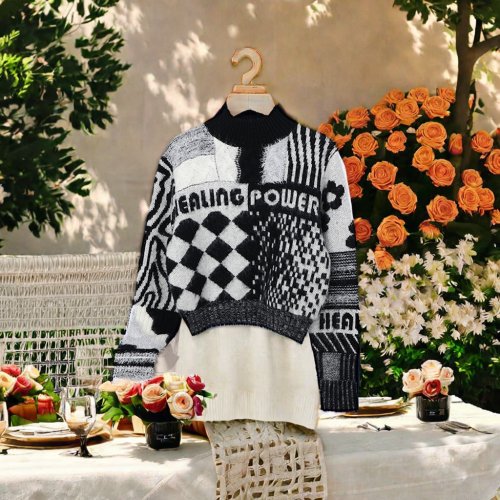 OEM Custom Women's Turtleneck V-Neck Tunic Sweater Long Sleeve Knitted Pullover Lace Flower Pockets Ruffles Casual Winter Print