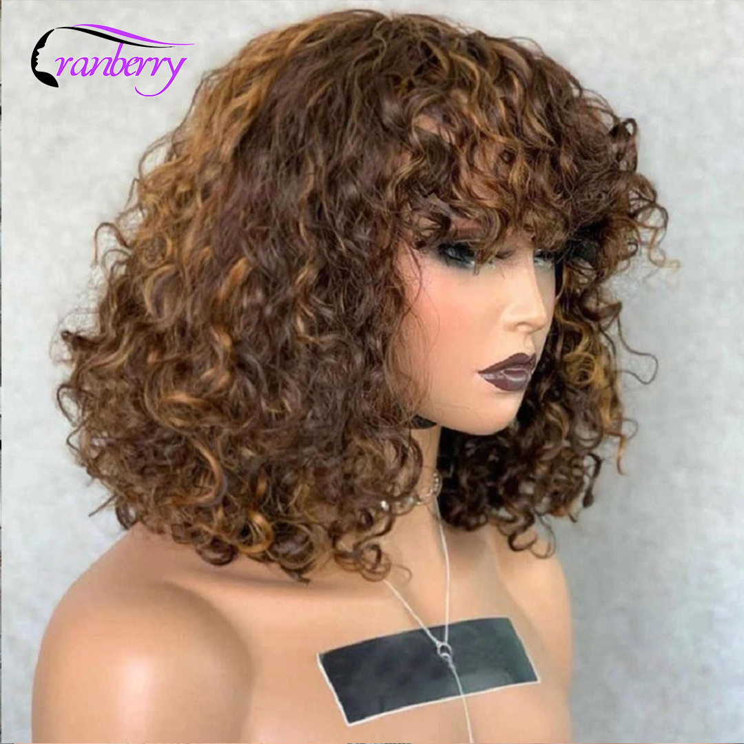 Piano Color Short Curly Bob Human Hair Wigs with Bangs For Women Brazilian Remy Base Top Full Machine Made Wig With Bangs