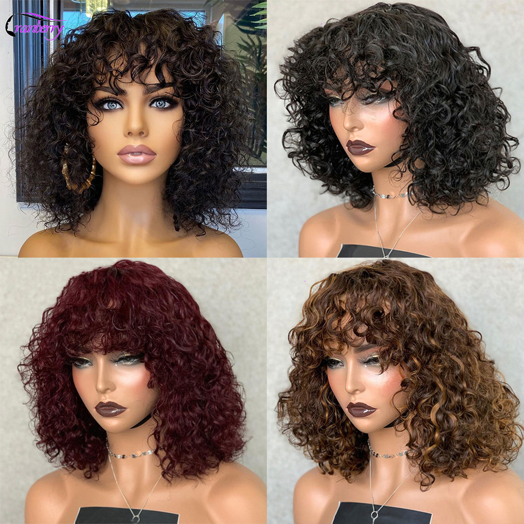 Piano Color Short Curly Bob Human Hair Wigs with Bangs For Women Brazilian Remy Base Top Full Machine Made Wig With Bangs