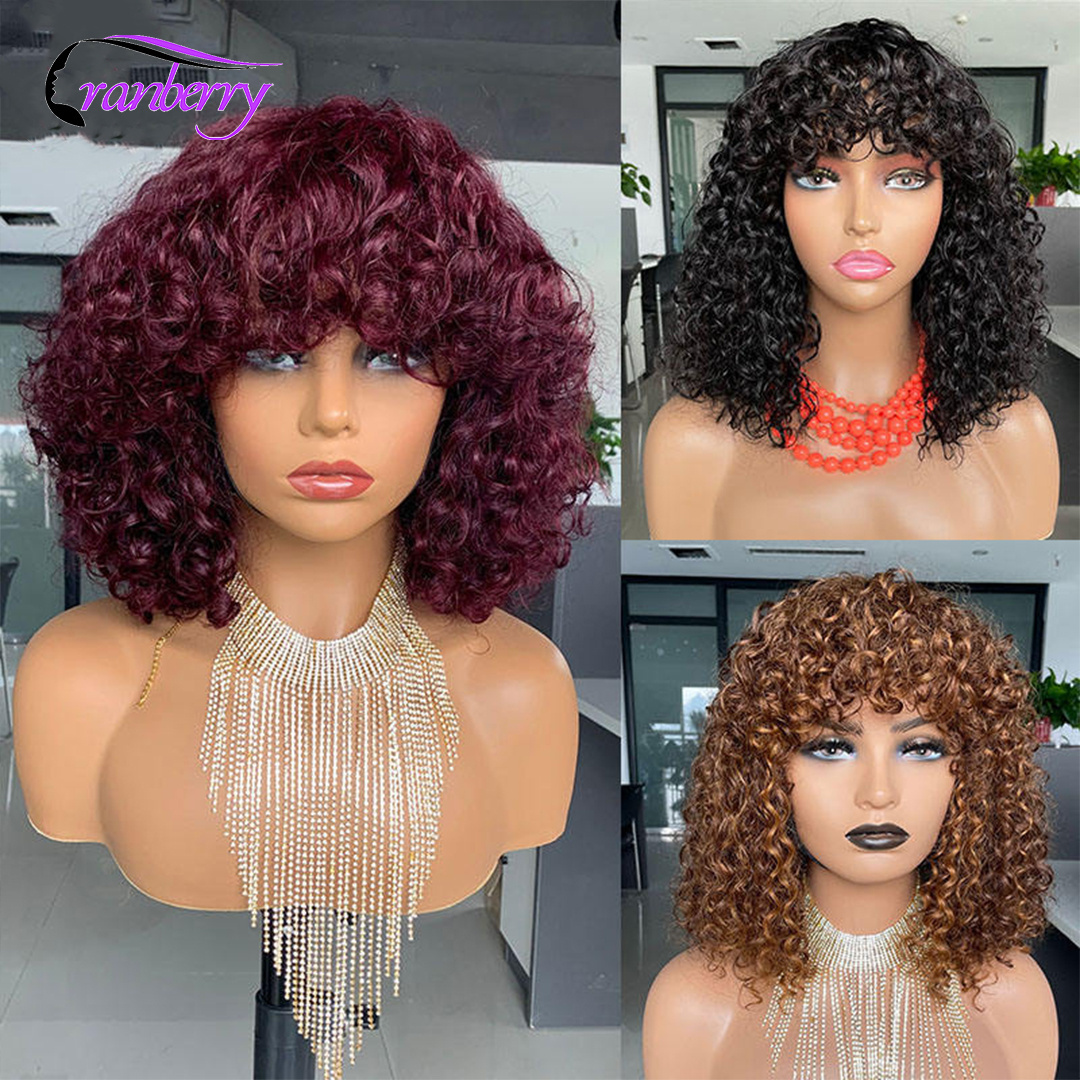 Piano Color Short Curly Bob Human Hair Wigs with Bangs For Women Brazilian Remy Base Top Full Machine Made Wig With Bangs