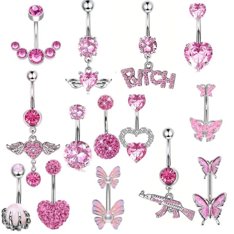 Pink Stainless Steel Body Piercing De Ombligo Jewelry Wholesale Butterfly Navel Piercing Jewelry Fashion Heart Belly Button Ring