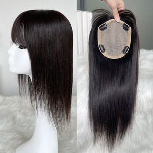 Silk Base Natural Scalp Virgin Human Hair Topper, Free Part Skin Top Women Hair Toupee Hairpiece with Fringe