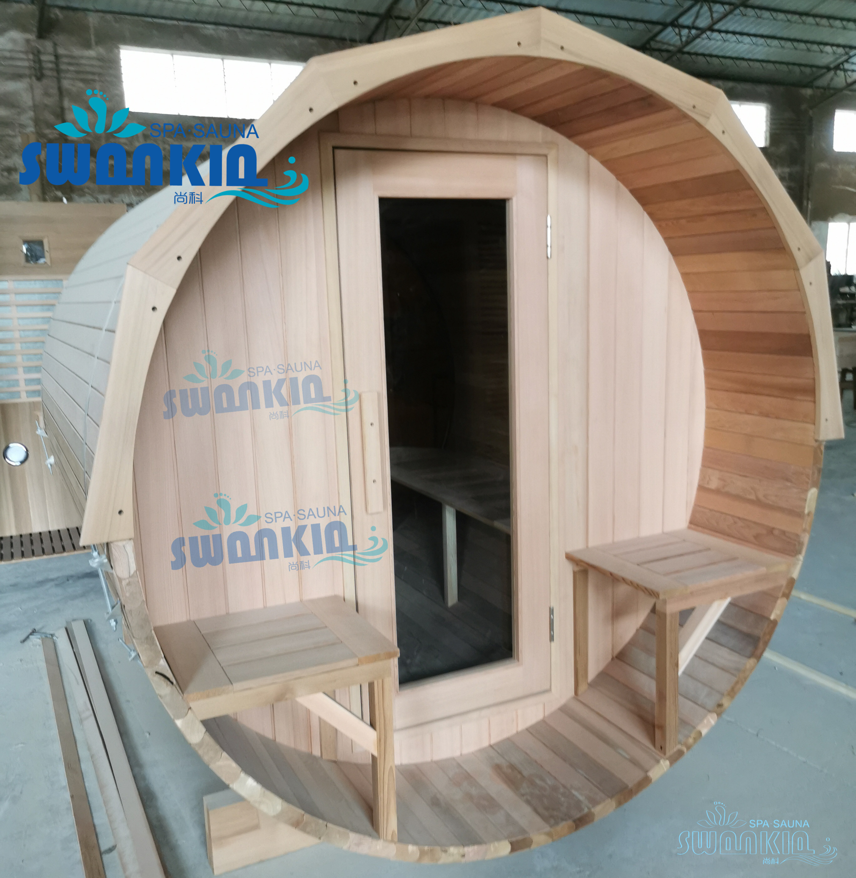 Red cedar wood 6 persons outdoor porch barrel dome Harvia electric heater sauna room with bubble window