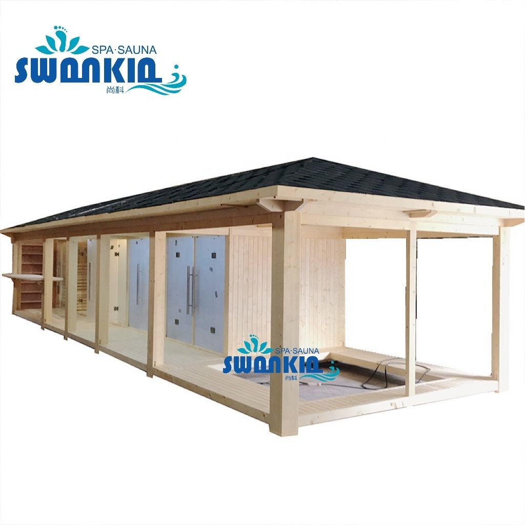 Popular red cedar wood gazebo wet steam shower room 8 people outdoor sauna spa room