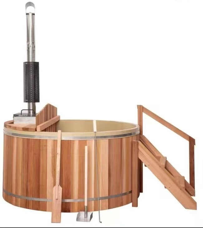 Canadian red cedar wood  barrel hot tub built-in wood fired stove 6 persons soaking bathtub