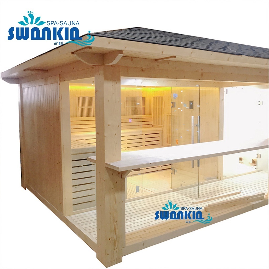 Popular red cedar wood gazebo wet steam shower room 8 people outdoor sauna spa room