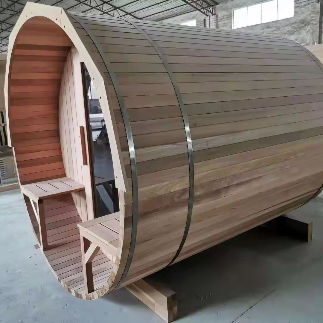 Red cedar wood 6 persons outdoor porch barrel dome Harvia electric heater sauna room with bubble window