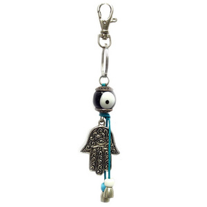 Metal Decorative Keychain with Hamsa Hand Shape Design with Eye Ball Cord and Beads Bells Artware Handcrafted Keychain