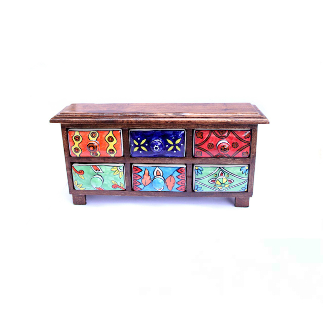 Mango Wooden Trinket Storage Small Item with 6 ceramic painted drawer Spice Masala Storage Chest Jewellery Box Multipurpose Rack