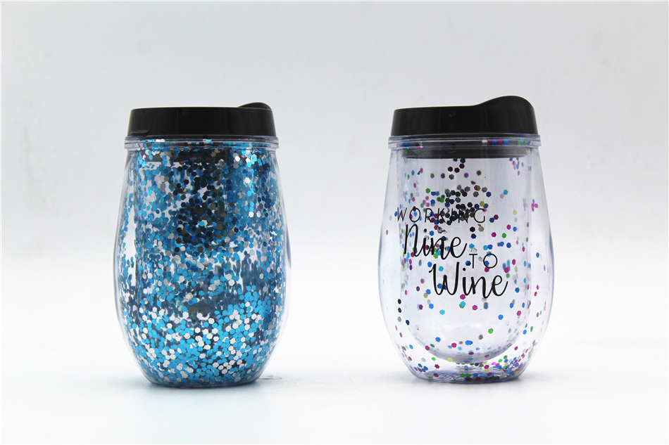 10 Oz Double Wall Acrylic Confetti Insert Elegant Plastic Wine Tumbler Cup With Lid