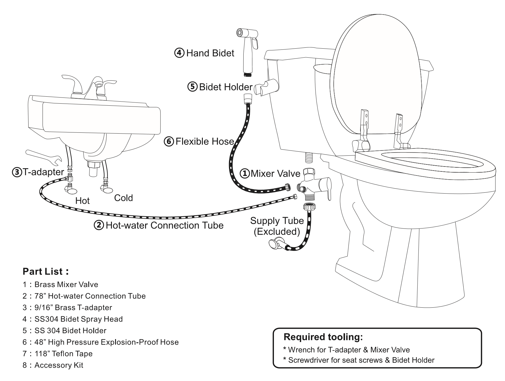 Stainless Steel Brass Hand Held Bidet Sprayer Set Shattaf Toilet Hose Mixer T-Valve Set Cold And Hot Water Bidet