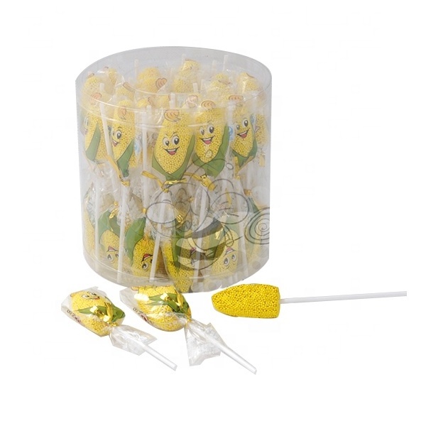 Halal Sweet Corn Shape Gummy Lollipop Candy in PVC Jar