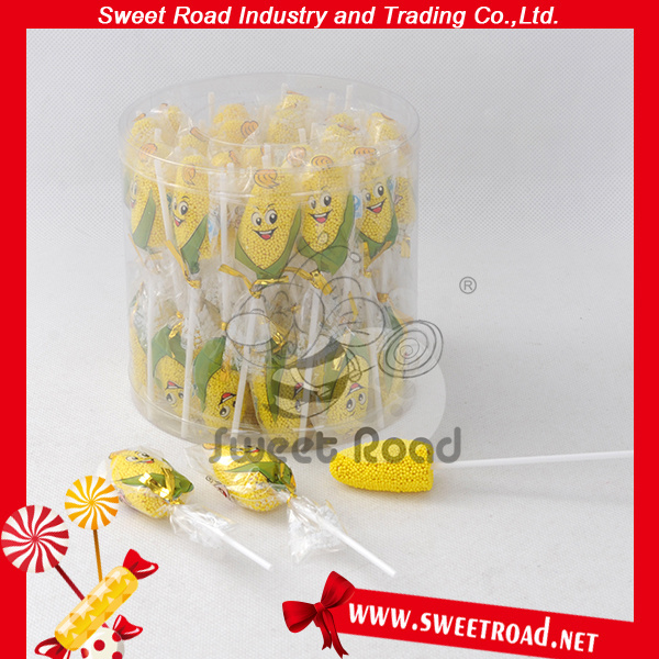 Halal Sweet Corn Shape Gummy Lollipop Candy in PVC Jar