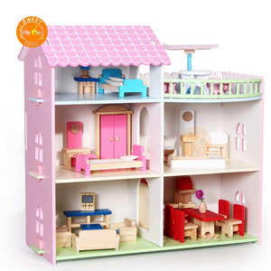 Best Design 3 floors Beachfront Mansion Children Wooden Doll House Play Set Pretend Play Dollhouse For Kids Toy