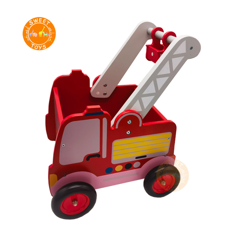 2023 New Model Wooden Baby Walkers Baby Push Walker Red Fire Truck Role Play Toy