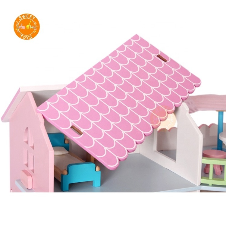 Best Design 3 floors Beachfront Mansion Children Wooden Doll House Play Set Pretend Play Dollhouse For Kids Toy