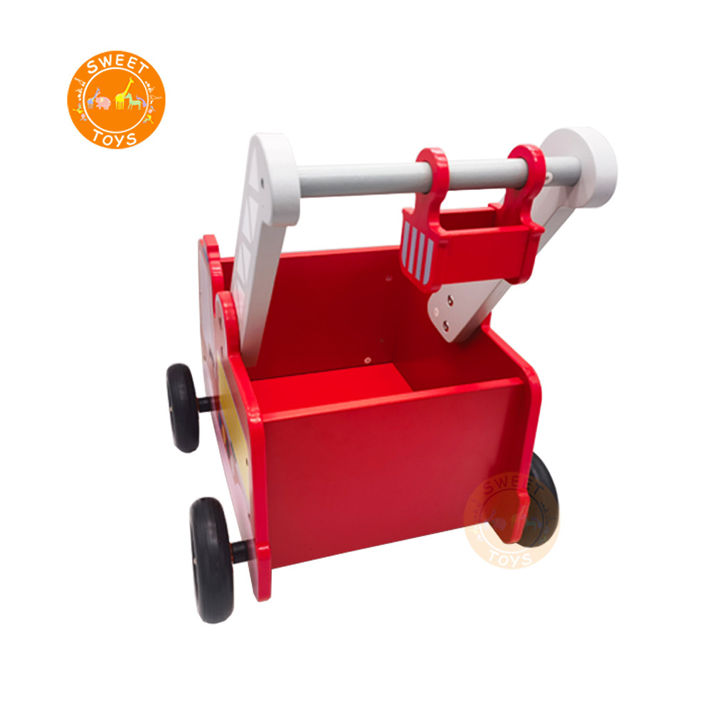 2023 New Model Wooden Baby Walkers Baby Push Walker Red Fire Truck Role Play Toy