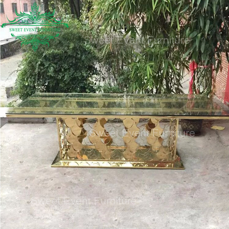 Hotel glass top rectangle metal base fancy wedding table