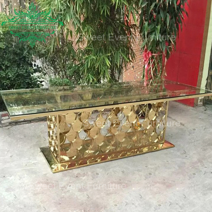 Hotel glass top rectangle metal base fancy wedding table