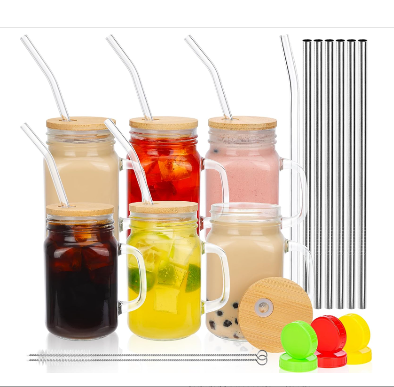 Mason Jars with Handle 24oz mason jar drinking glasses with lid and straw, Mason Jar Cups, Mason Jar mugs for Iced Coffee