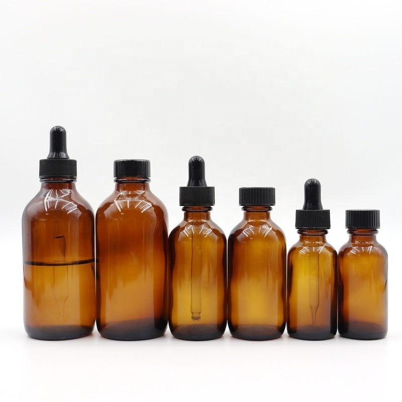 Wholesale 30ml 60ml 120ml Apothecary jars Amber Glass Boston Bottles With Black Plastic Lids