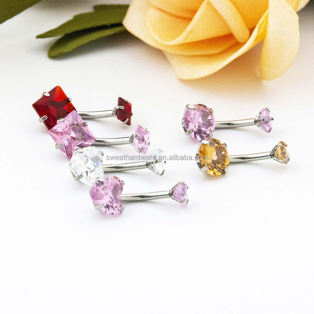 Hot Sale New Crystal Belly Rings Delicate Stainless Steel Belly Rings Colorful Shine Double Headed Heart Belly Ring